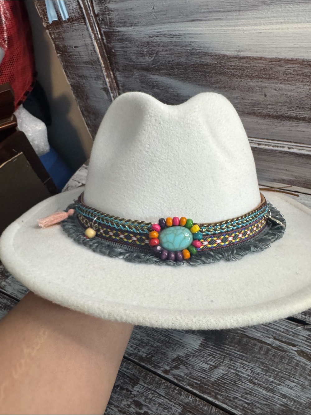 Womens Cream Felt Fedora with Beaded Trim - Picture 9 of 9